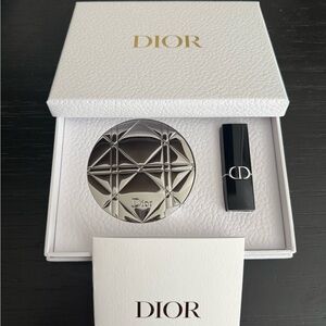 Dior Silver Compact Mirror and Red Lipstick Set